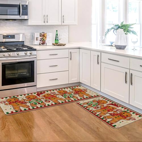 Artoid Mode Gingerbread Candy Cane Christmas Kitchen Mats Set of 2 - 17x29 & 17x47 Inches, Beige Seasonal Rugs for Home Decor