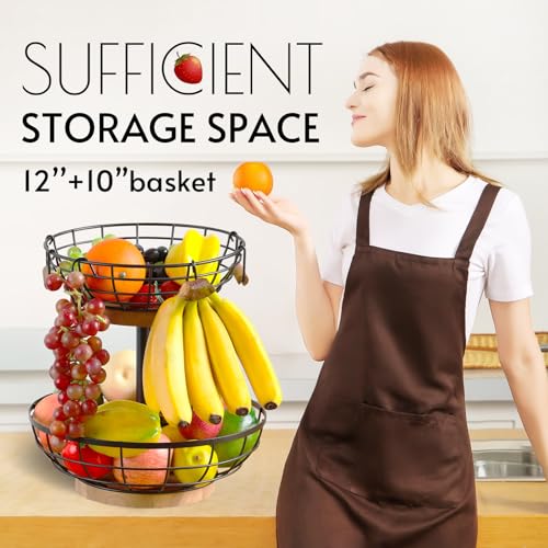 2-Tier Metal Fruit Basket with Wooden Base and Banana Hanger - Kitchen Counter Organizer