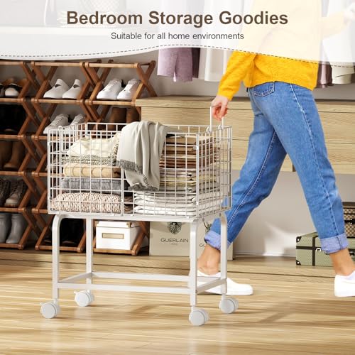 Eyteenokk 80L White Wire Rolling Laundry Basket with Handle, 23.6 x 15.75 x 28 inches