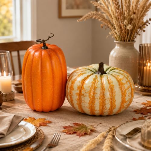 Large Fake Orange-White-Green Pumpkin Set - Harvest Fall Autumn Decor - Frosted Foam Vegetables - Halloween & Thanksgiving