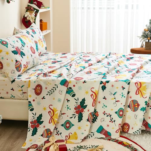 Queen Christmas Bedding Sheet Set - 4 Pieces with Deep Pocket Fitted Sheet, Patterned Holly & Bells