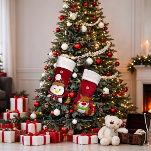 BOffer Red Penguin 20in Velvet Animal Christmas Stocking with 3D Deer, Bear, Snowman – Lined Xmas Stocking for Kids