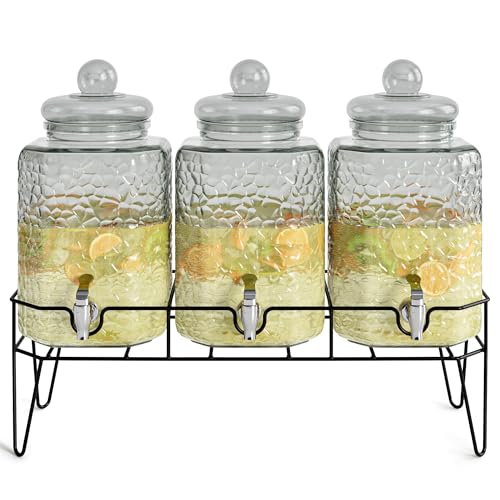 Glass Drink Dispenser Set - 3 x 1.5 Gallon Beverage Dispensers with Stand