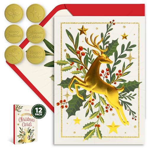 Decorably 12 Pack Foiled Reindeer Christmas Cards 5x7 with Envelopes