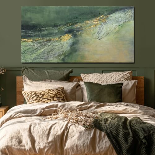 Dark Green Green Gold Abstract Wall Art Canvas Print 24x48 Inch for Living Room