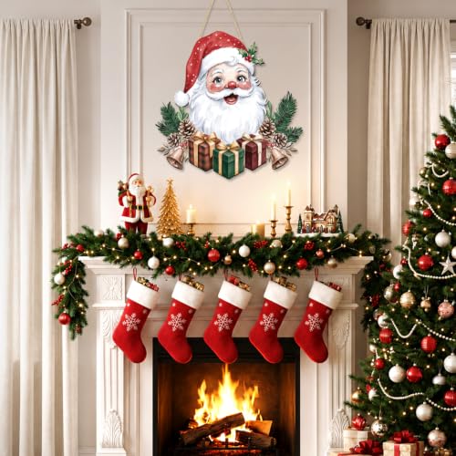 Christmas Wooden Santa Door Sign Hanging Decor - Festive Xmas Wreath