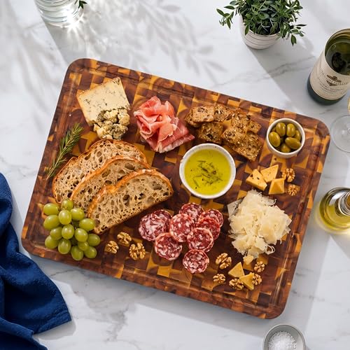HOMESTEAD Natural End Grain Acacia Wood Cutting Board 23x18 with Juice Groove & Handles