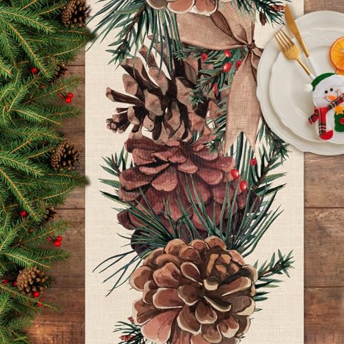 Seliem Winter Pine Cone Table Runner, Pine Needle Branch Red Berry Bow Farmhouse Kitchen Dining Table Decor, Christmas Holiday Seasonal Rustic Home Decoration Indoor Outdoor Party Supply 13x36 Inches