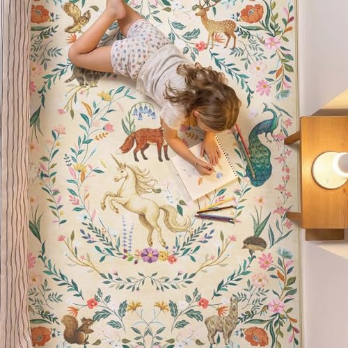 jinchan 8x10 Kids Playroom Rug Washable Woodland Whimsical Unicorn,
