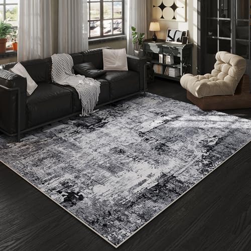 Washable 6x9 Abstract Area Rug - Grey & Black Low Pile Home Decor - Rugcomf Variation