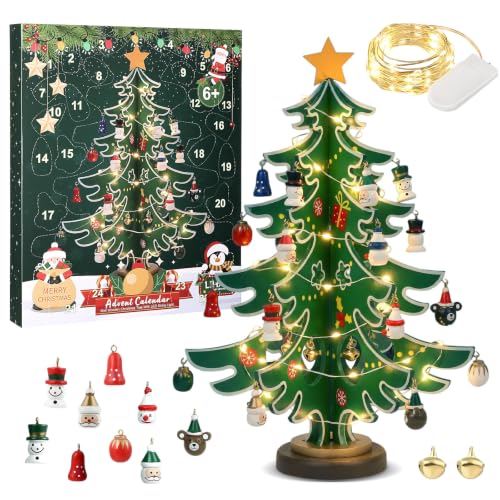 LIHAO 2026 Wooden Advent Calendar Tree with 24 Mini Ornaments & Warm LED Lights (Tree Shape, With String Lights)