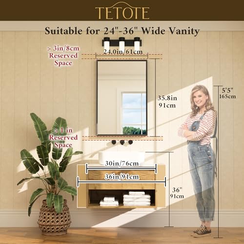 TETOTE 36 x 24 Inch Brushed Nickel Bathroom Mirror with Beveled Edge, Tempered Glass, Shatterproof Frame