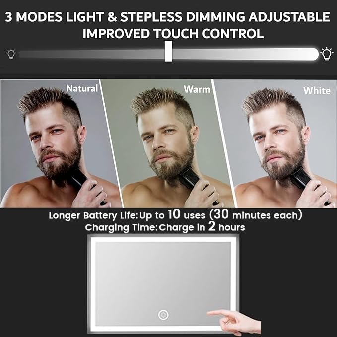 Vanexiss Rechargeable 3-Way Mirror with Lights & Hook - Black