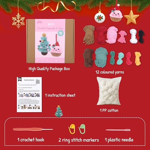 HOUSE CREATIVITY Christmas Tree & Cupcake Crochet Kit for Beginners with Video Tutorial