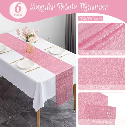 JALANCY 6 Pack Pink Sequin Table Runners 12x70 Inches for Wedding & Party Decor