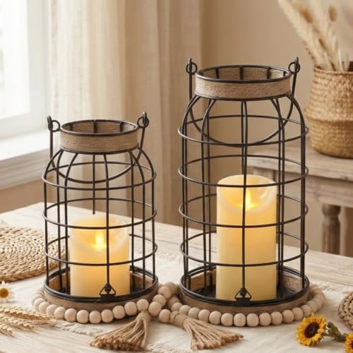 MATAHUM Rustic Farmhouse Candle Lantern Set - 2Pcs with Flameless Candles, Boho Decor
