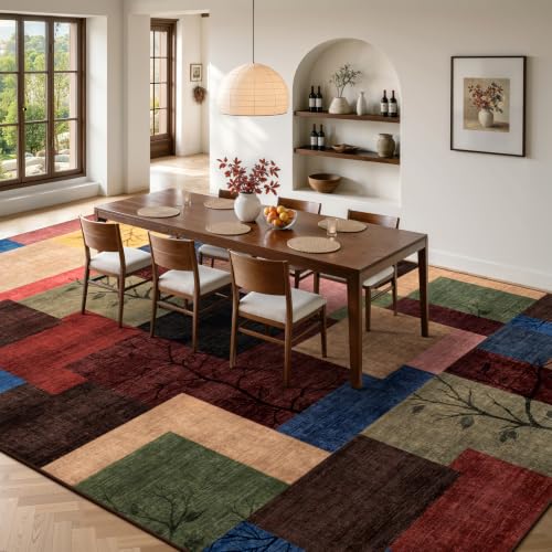 8' x 10' Colorful Geometric Area Rug - Non-Slip Modern Patchwork Carpet