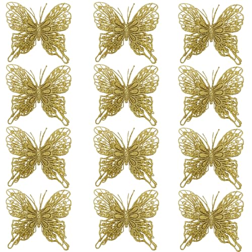 Gold Glitter Butterfly Decorations for Christmas Tree & Holiday Wreaths - 12 Pack, 5 Inch 3D Hollow Ornaments with Clips & Stems