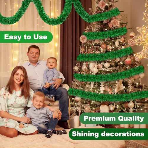 50 Feet Green Christmas Tinsel Garland, Metallic Foil Twist Banner Wall Hanging Tinsel Streamers Backdrop for Parade Floats, Christmas, Mother's Day, Birthday Party Decorations(2in x 50ft)
