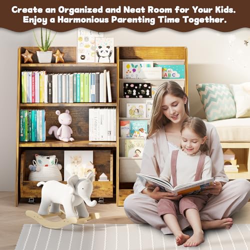 COZPAW Medium Kids Bookshelf Toy Storage Brown 4-Tier Toddler Organizer