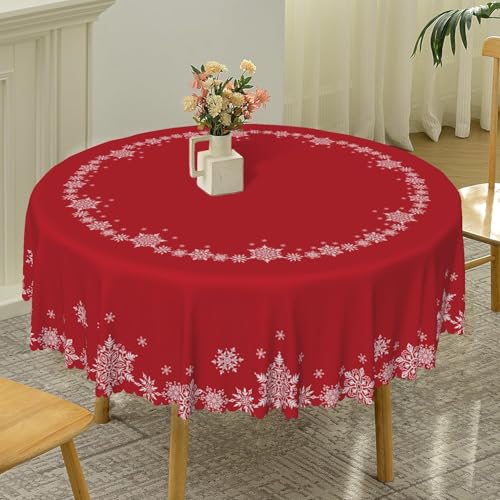 TTQYFNM 42 Inch Red and White Snowflake Christmas Round Tablecloth - Holiday Decor, Washable & Wrinkle-Resistant