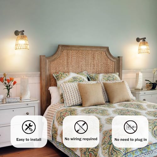 Black Wireless Rattan Wall Sconce Set of 2 - Dimmable RGB Rechargeable Wall Lights with Remote, 6.3in