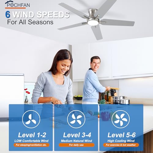 POCHFAN 52 Inch Brushed Nickel Ceiling Fan with Lights and Remote - Low Profile, Dimmable, Noiseless for Bedroom & Living Room