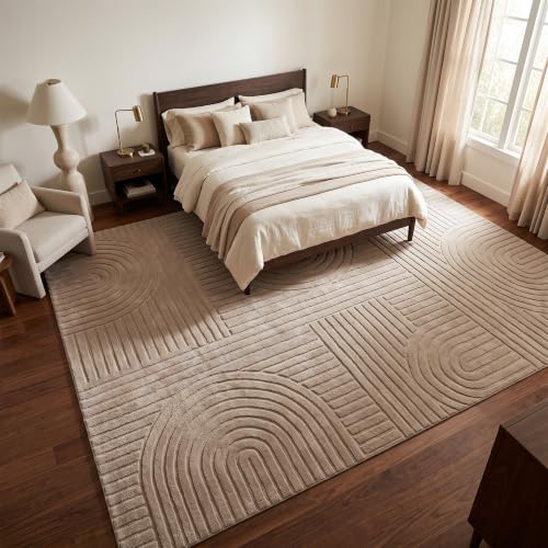 Light Brown 5x7 ft Washable Indoor Rug - Modern Geometric High-Low Pattern for Living Room or Bedroom - Non-Slip Home Decor