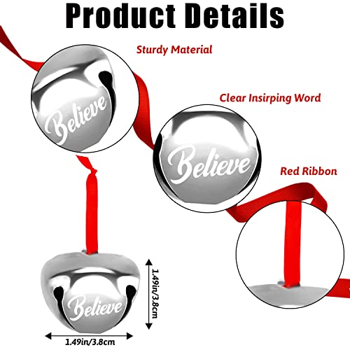FOIMAS 30pcs 1.6in Believe Bells Ornament Silver with Red Ribbon for Christmas Tree