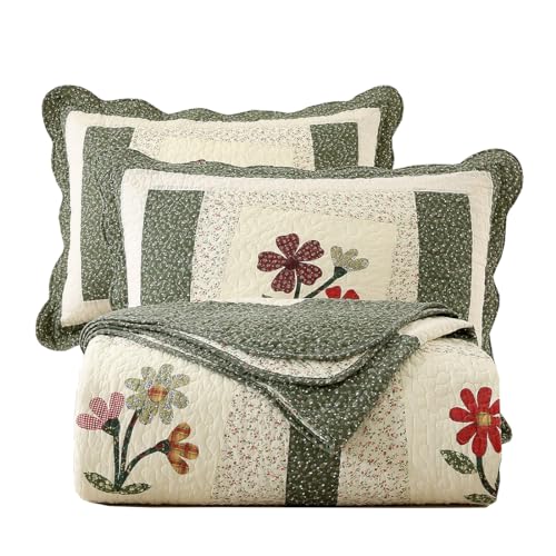 Green Farmhouse Embroidered Floral Quilted Bedspread Set - Queen, Reversible Cotton