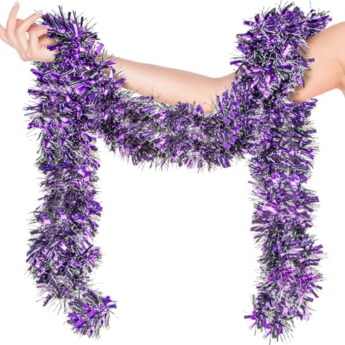 19.6FT Halloween Tinsel Garland - Halloween Garland Decorations Indoor Outdoor Glittering Purple Wall Decor with Foil Tassels Party Decorations Supplies for Mardi Gras and All-Season Parties