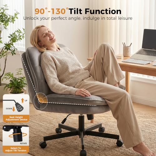 Gray Velvet Cross Leg Office Chair with Wide Seat & Swivel - Armless Vanity Seat