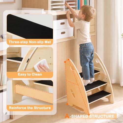 Labebe Wooden 3-Step Toddler Stool for Bathroom & Kitchen Safety