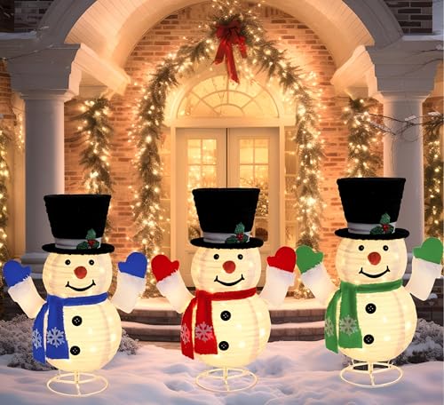 Honoson Lighted Outdoor Snowman Family Set Collapsible Christmas Decorations - 3 pcs