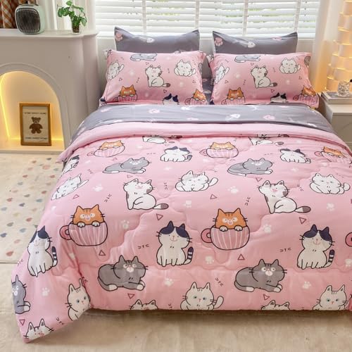 7 Piece Girls Cats Bedding Comforter Set Twin Size for Kids Bed in A