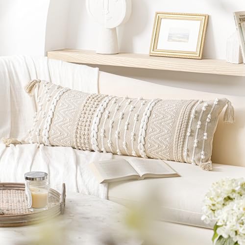 Boho Lumbar Throw Pillow Cover 14x36 Cream White - Handmade Accent Cushion
