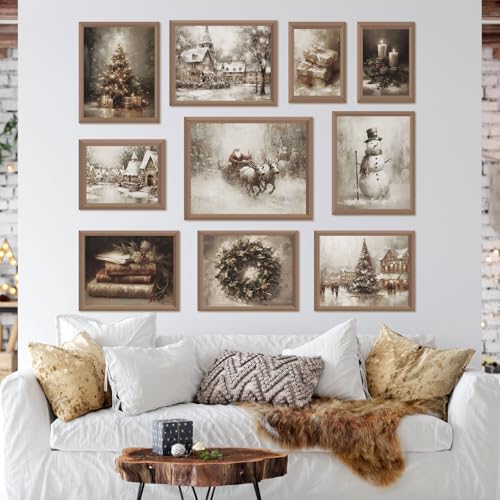 Whaline 10-Piece Christmas Wall Art Prints Set – Vintage Rustic Snowman Santa Trees Posters