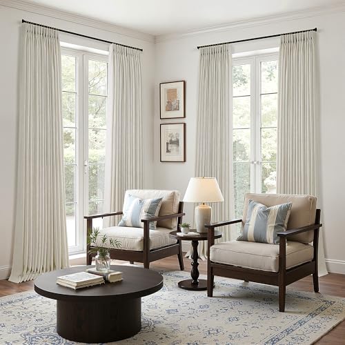 40W x 90L Linen Curtains Set - 2 Panel Triple Pinch Pleated Beige Textured Drapes