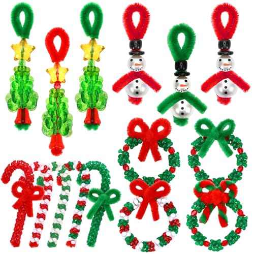 UPINS Christmas Beaded Ornament Kit, 52 Set Christmas Beaded Crafts Ornament Kit Mini Tree Snowman Candy Cane Wreath Make DIY Accessories for Hanging Wreath Cane Jewelry Making