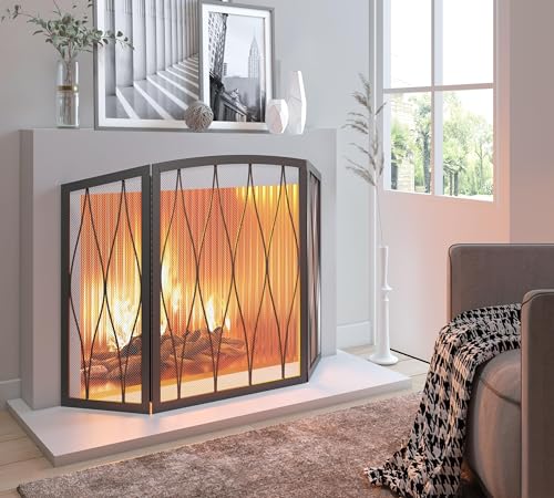 Kingson 3-Panel Childproof Fireplace Screen - Heavy Duty Wrought Iron Spark Guard, Foldable Black Mesh Cover for Living Room