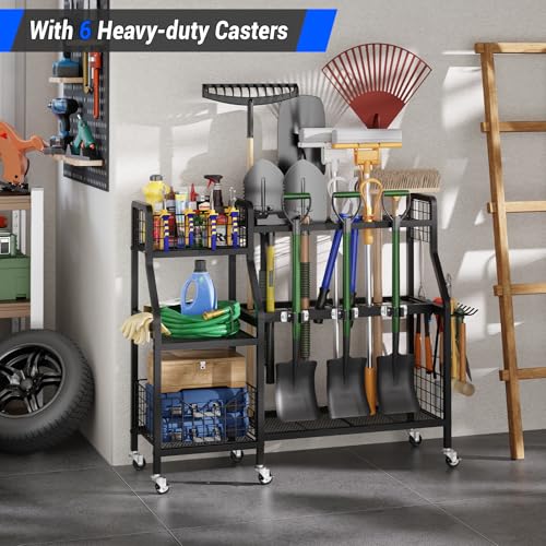 Heavy-Duty Garden Tool Organizer with 6 Wheels & 2 Baskets