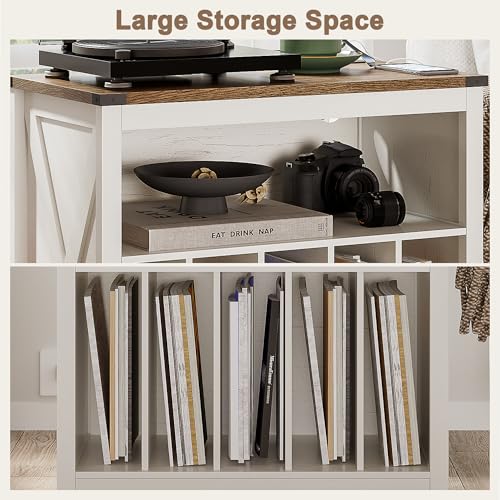 ChooChoo Antique White Large Record Player Stand with Charging Station & LED Light