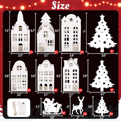 Christmas Village Houses Decor Set with Trees Reindeer Sleigh & Lights - Holiday Tabletop Display