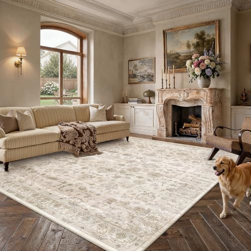 Vintage Beige Washable Area Rug 8x10 - Farmhouse Style, Low Pile, Non-Slip Backing