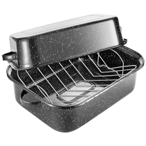 QPMR 21-Inch Rectangular Roasting Pan with V-Shaped Rack & Lid, 25lb Capacity
