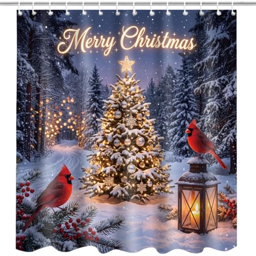 Visstree Christmas Shower Curtain with Red Cardinal – 71x71 in, Multicolor