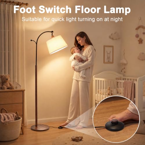 Floor Lamp, Arched Wood Linen Shade, Dimmable 3 Color Temperatures,