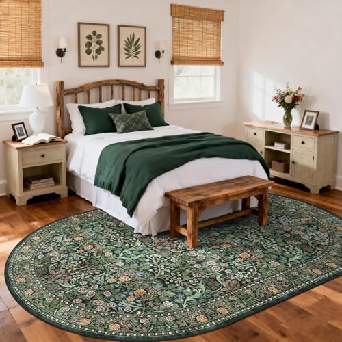 Dark Green Floral Oval Rug - 5x8 Boho Washable Area Rug for Living Room