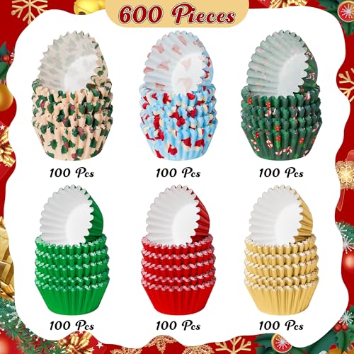 COcnny Christmas Mini Cupcake Liners with Mini Santa Hat Design - 600pcs Holiday Baking Cups, Muffin Wrappers for Xmas Party