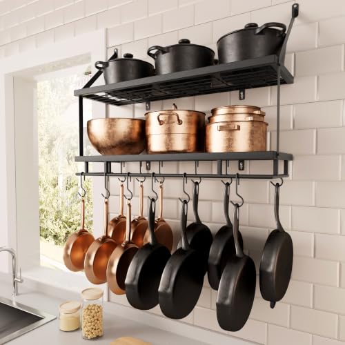 KES 30-Inch Black Wall Mount Pot Rack with 12 Hooks for Kitchen Storage